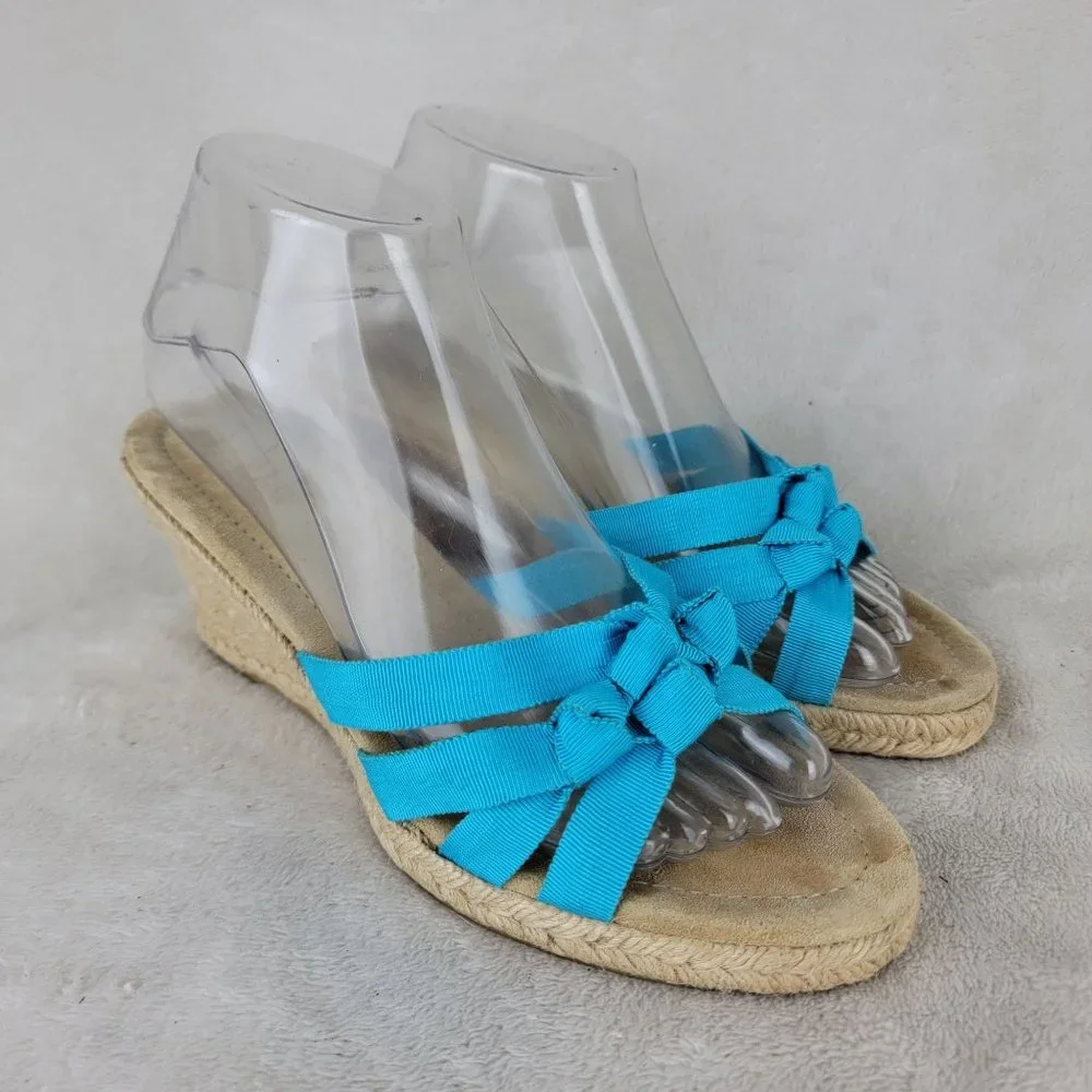 J. Crew Blue Strappy Espadrille Platform Mid Heels Wedge Sandals 8 Made in Italy